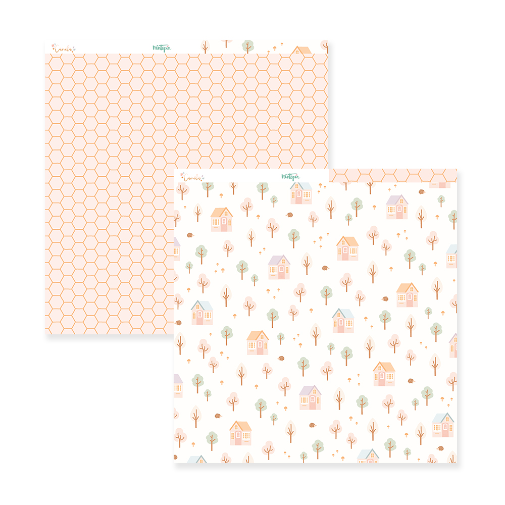 Papel decorativo com padrões de favos e desenho de casas e árvores