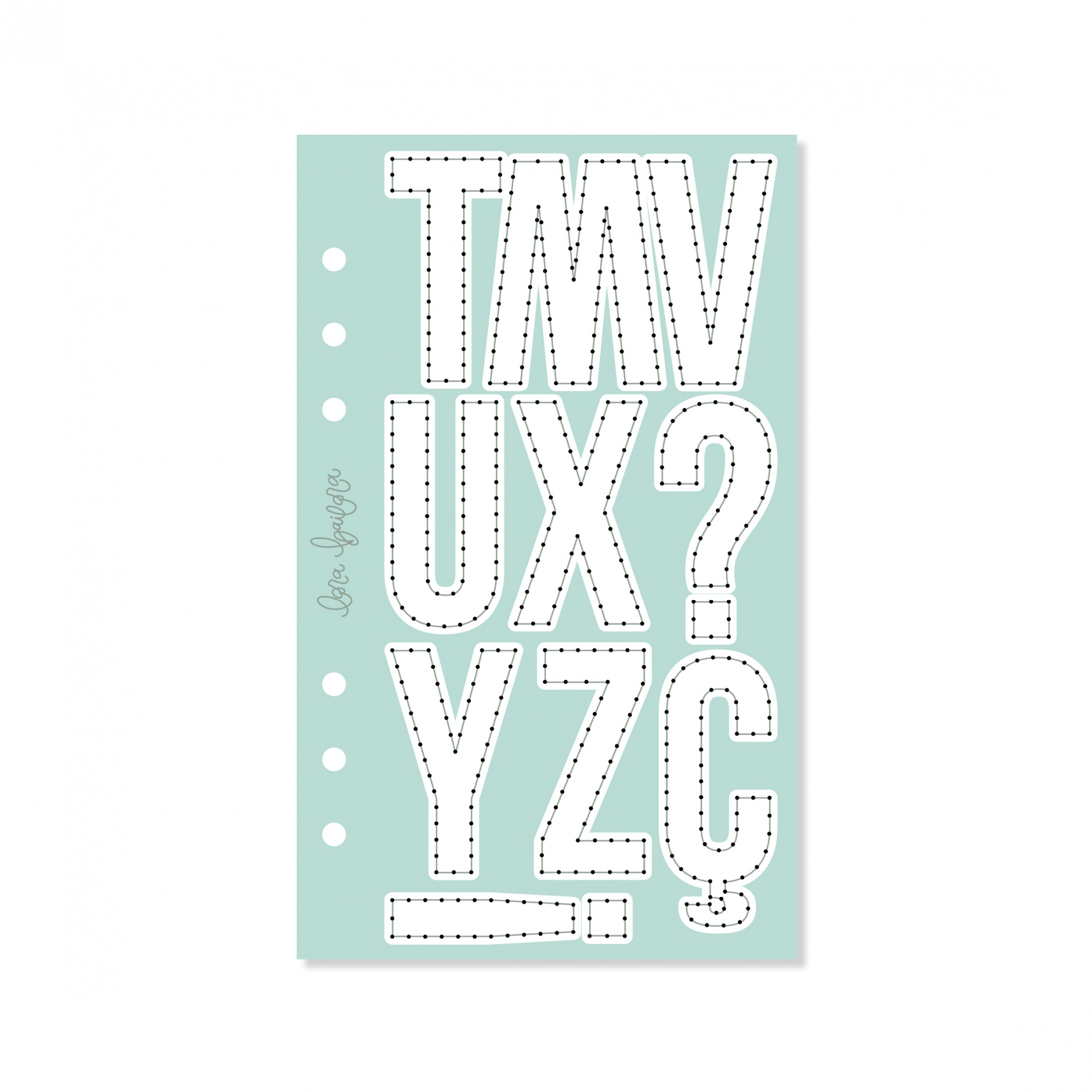 Folha verde-água com letras brancas em relevo e contornos a preto