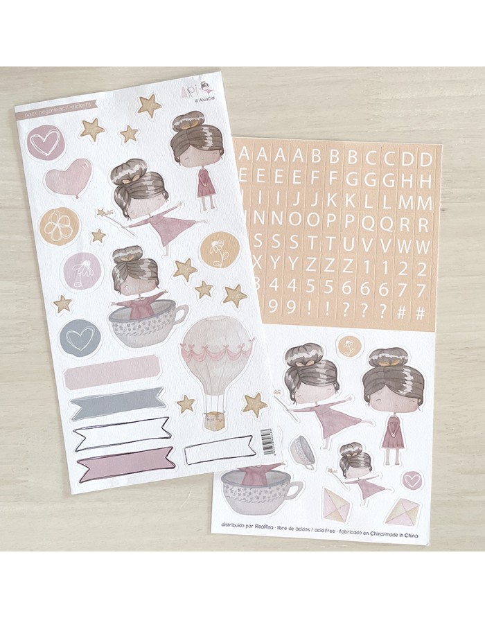 Folhas de autocolantes com desenhos de meninas, balão, estrelas, corações e letras em tons pastel