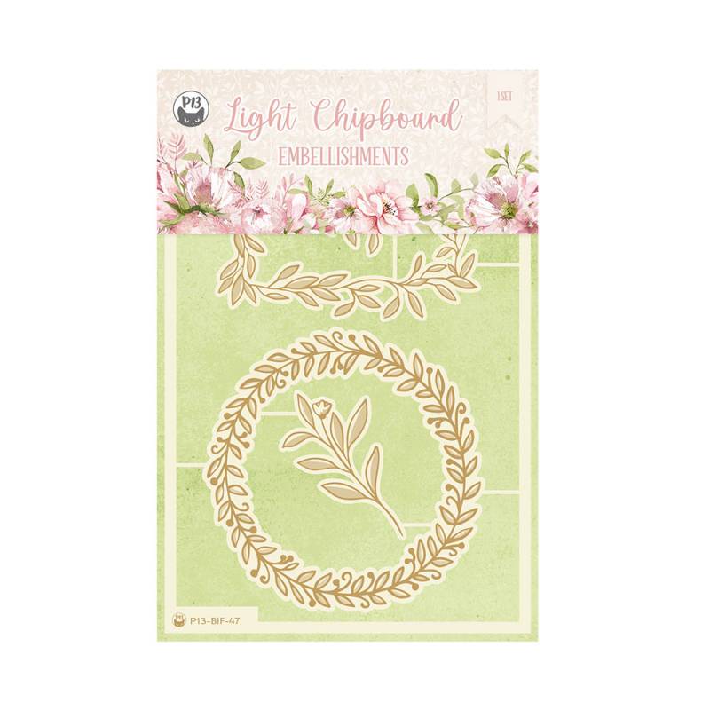 Chipboard decorativo com padrão de folhas em embalagem floral