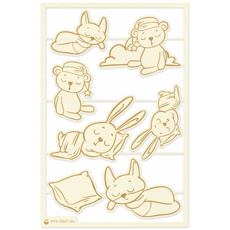 Autocolantes com desenhos de coelhos e ursos a dormir em tons castanhos claros