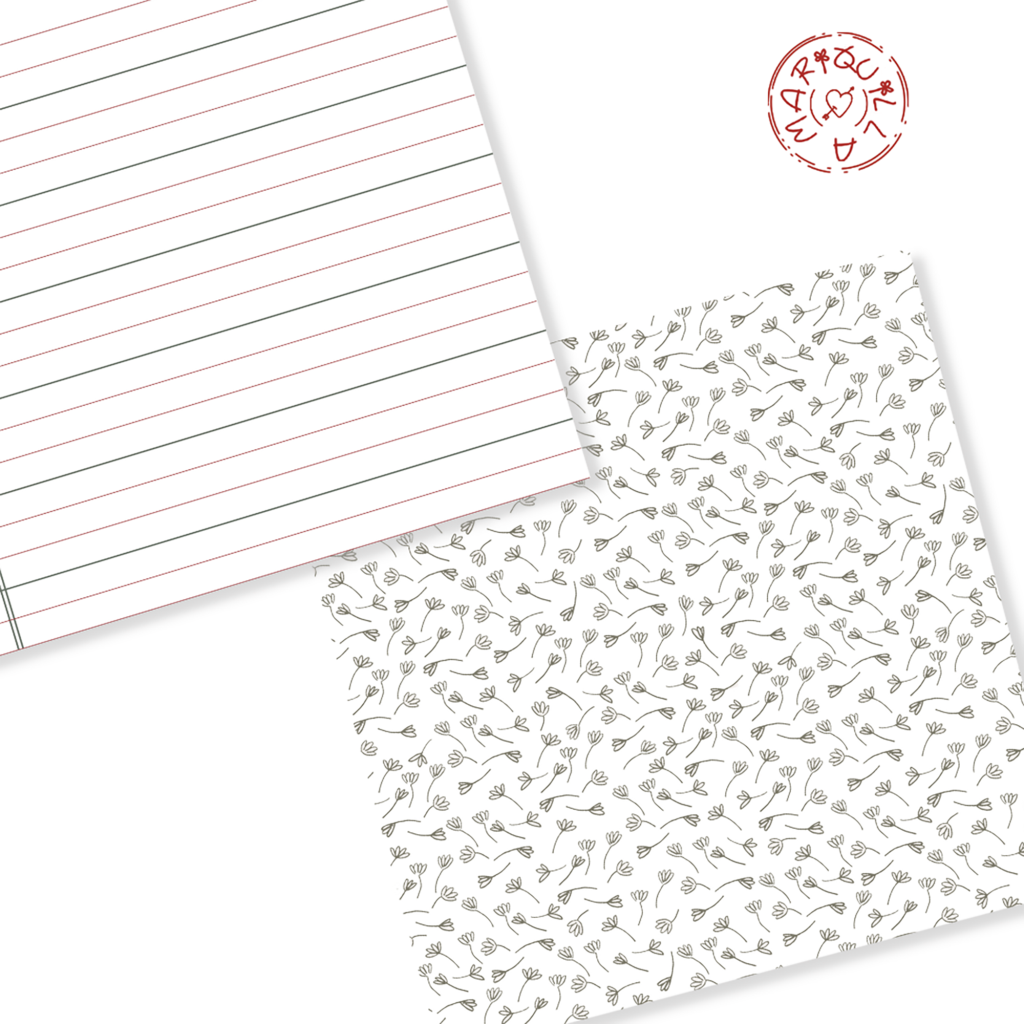 Duas folhas quadradas de papel, uma pautada e outra com padrão floral