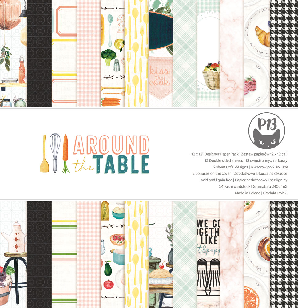 Papéis decorativos para scrapbooking com padrões de cozinha e alimentos, título 'AROUND the TABLE'.