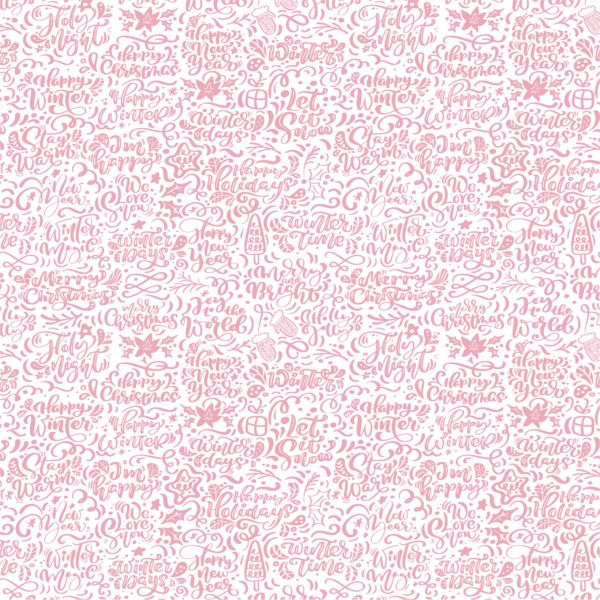 Papel de embrulho rosa claro com padrão de textos festivos e desenhos de Natal.