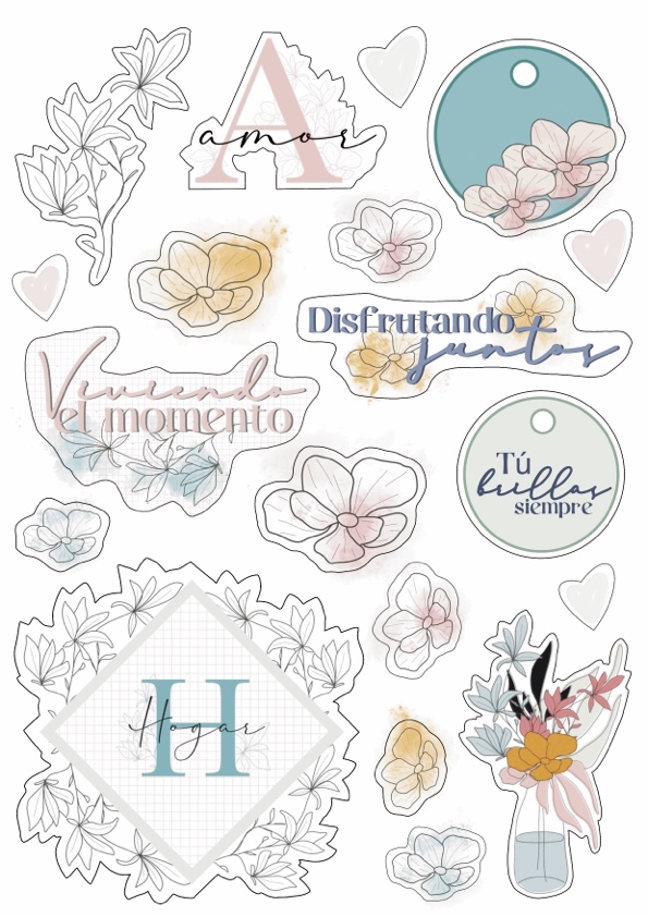 Autocolantes decorativos com flores e texto em espanhol