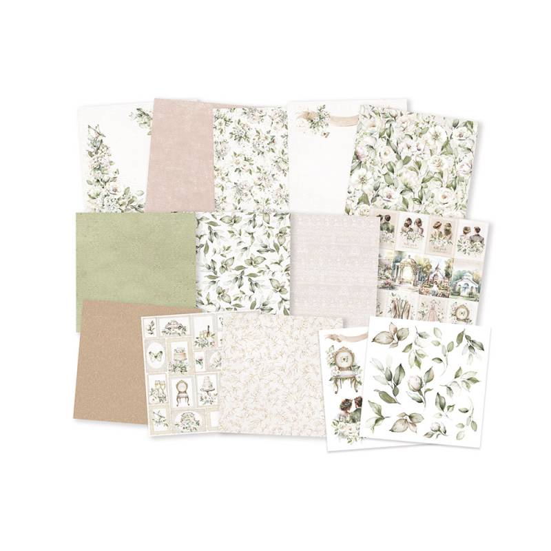 Conjunto de folhas decorativas com padrões florais em tons suaves