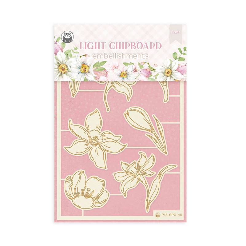 Pack de embellishments em chipboard leve com flores creme em fundo rosa