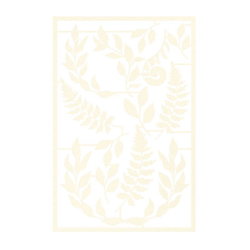 Papel decorativo branco com padrão de folhas e ramos em tons creme