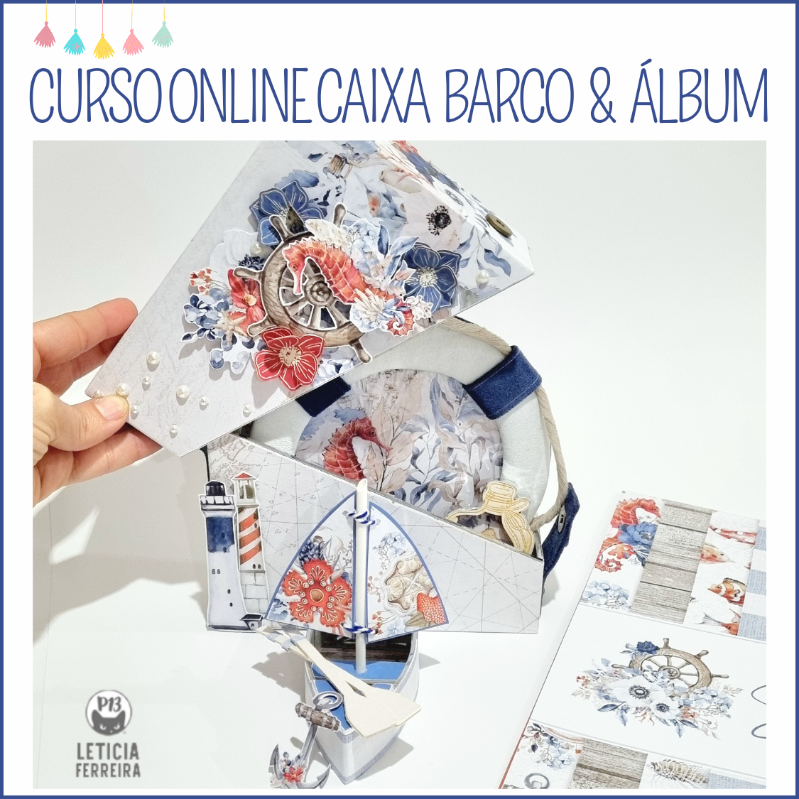 Caixa decorativa em formato de barco com motivos florais e álbum combinando em fundo branco