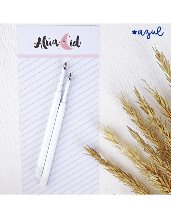 Bloco de notas Alúa Cid com canetas brancas e ramo seco sobre fundo branco