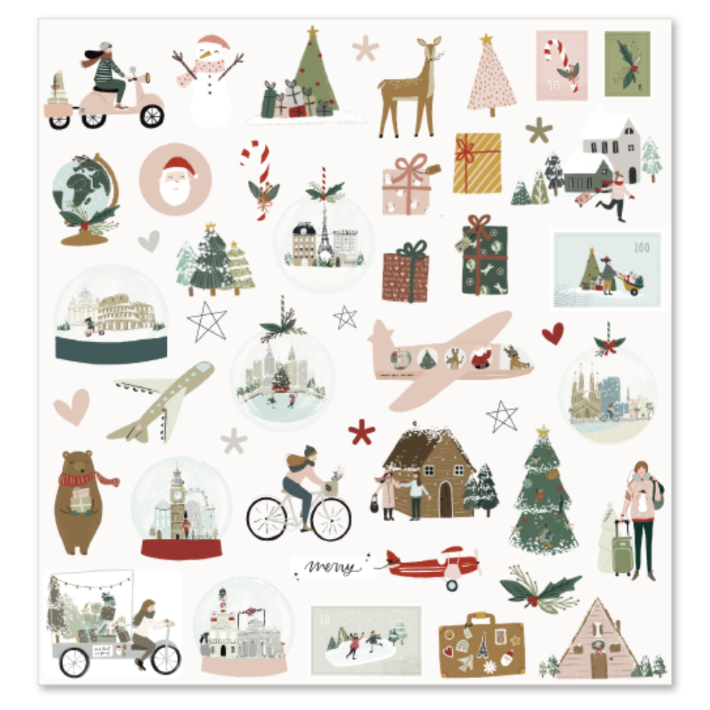 Ilustrações coloridas de Natal e inverno com diversos ícones como presentes, árvores, animais e pessoas em atividades variadas.