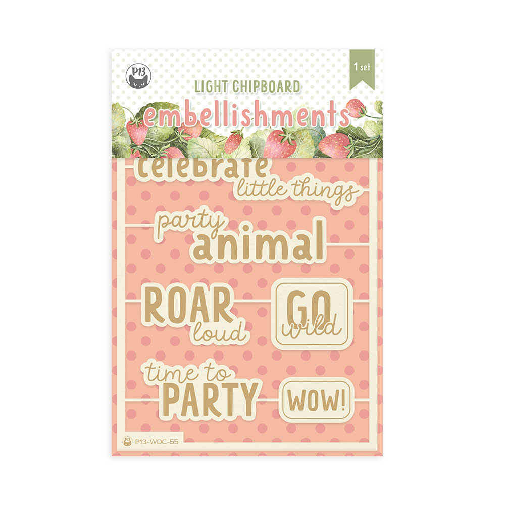 Set de decorações de chipboard leves com escritos em inglês sobre fundo rosa com bolinhas