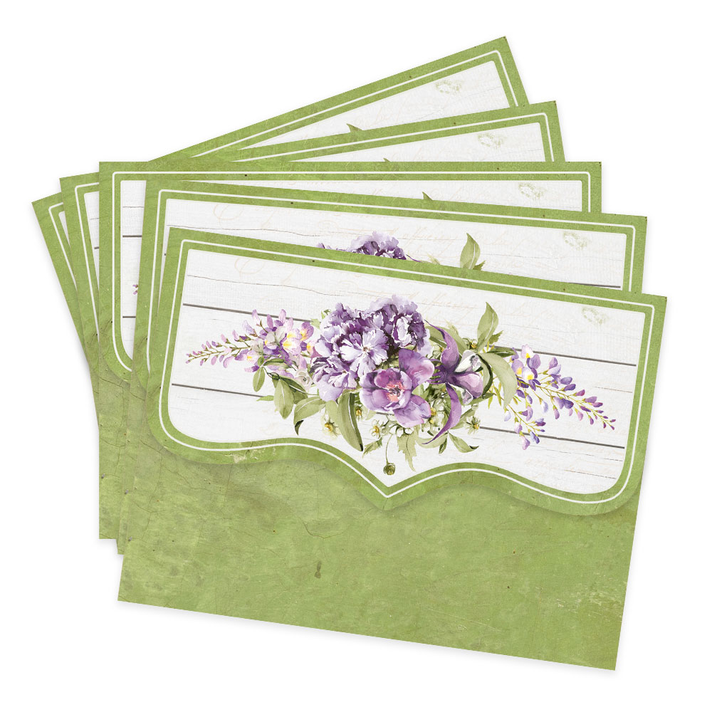 Conjunto de envelopes decortivos com flores lilás e verde