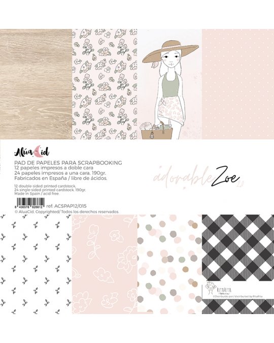 Papel para scrapbooking com padrões florais, bolinhas, madeira e xadrez em cores pastel. Embalagem com texto em espanhol e inglês.