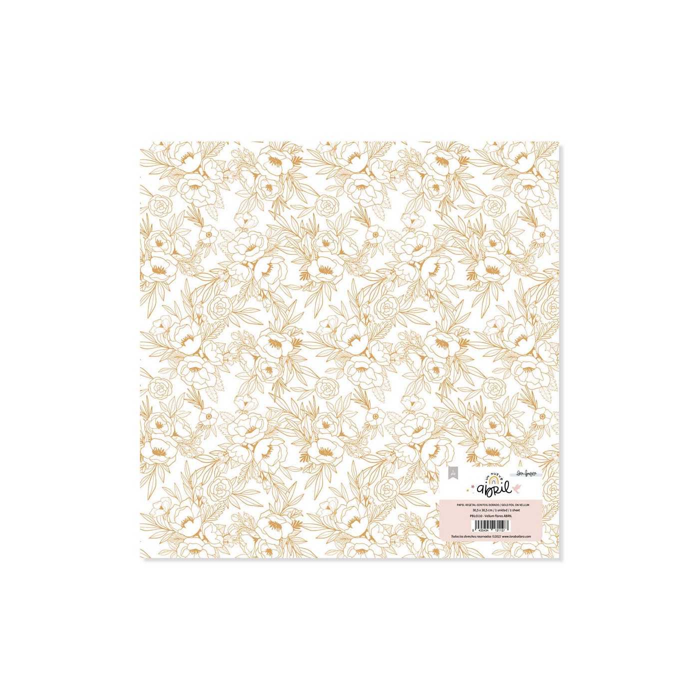 Papel decorativo floral bege e branco com etiqueta na parte inferior