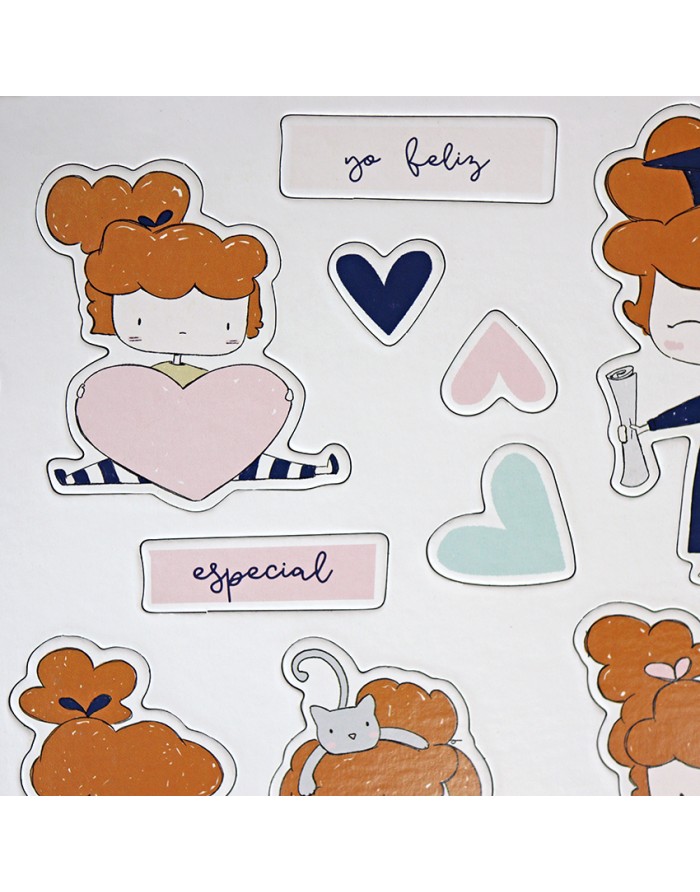 Autocolantes de meninas com corações e textos em português