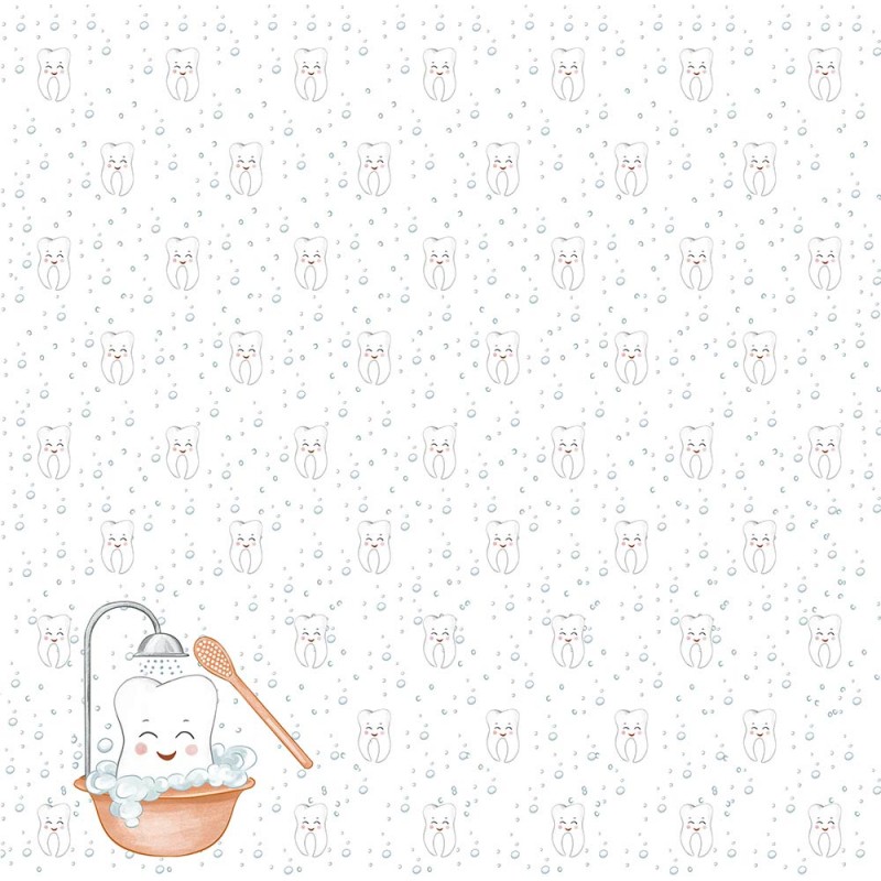 Papel de parede com padrão de dentes sorridentes e um dente cartoon a tomar banho numa banheira