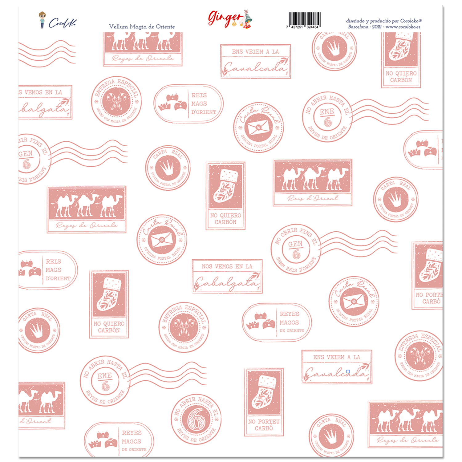 Padrão com carimbos rosa claro e textos variados sobre fundo branco