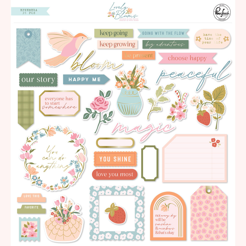 Autocolantes decorativos de scrapbooking com frases em inglês, flores e padrões coloridos