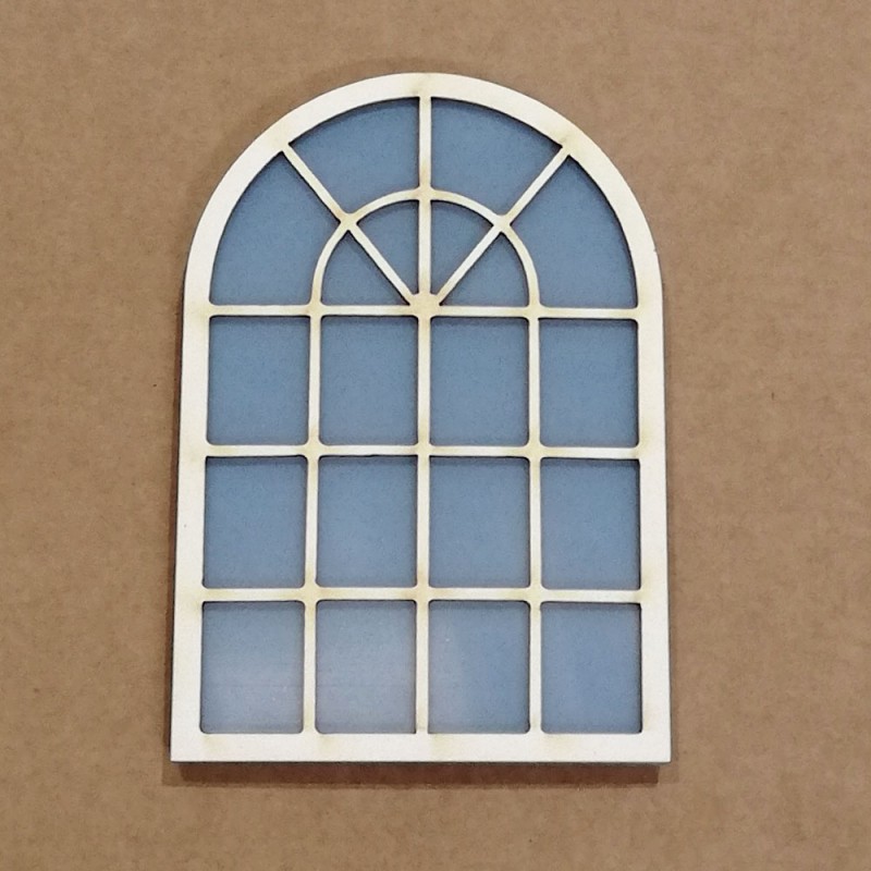 Janela decorativa branca com fundo azul e divisórias