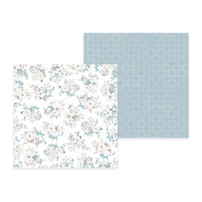 Folhas quadradas de papel decorativo com padrões floral e geométrico azul claro