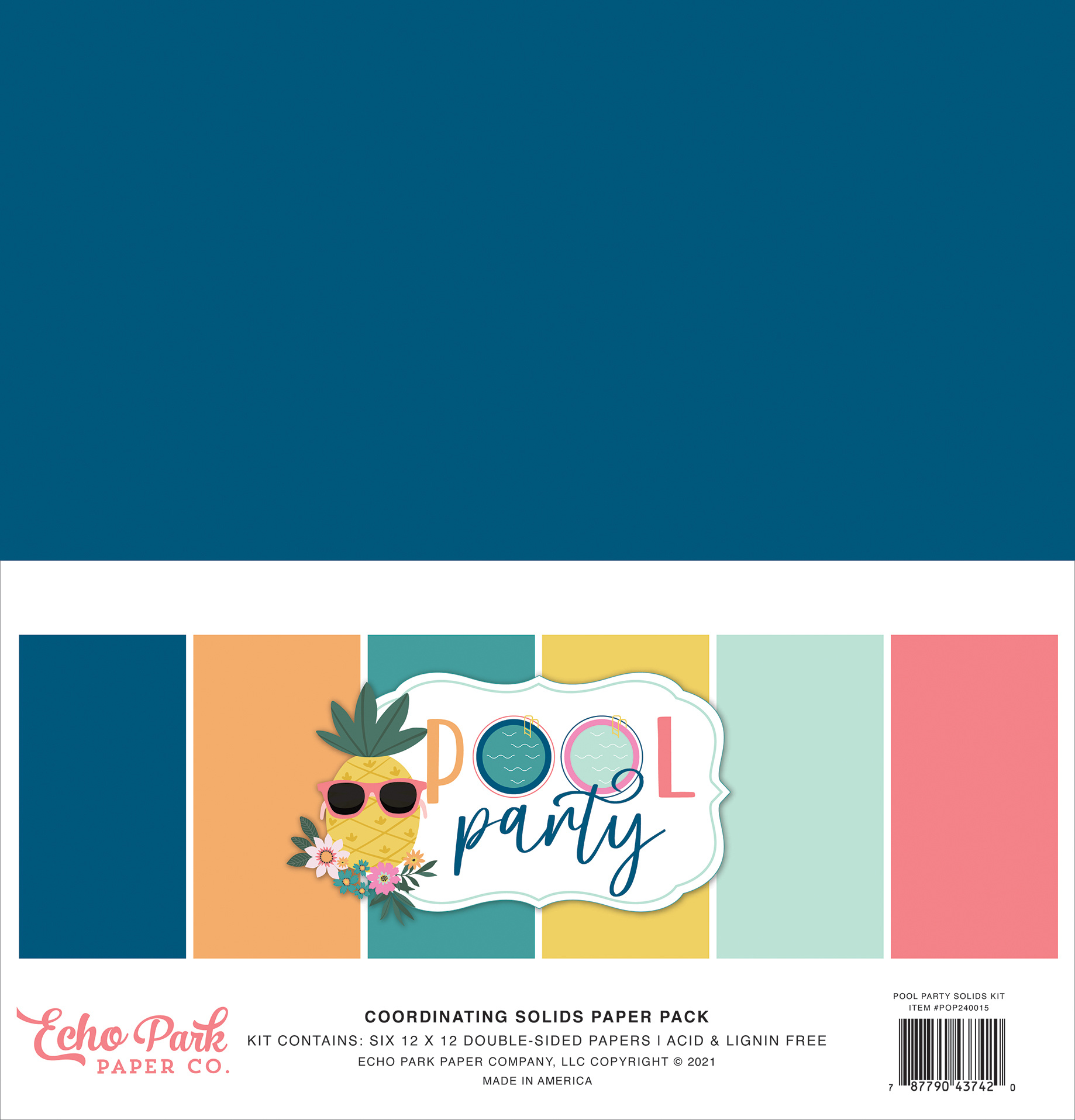 Pack papel scrapbooking 'Pool Party' cores sólidas com ilustração de ananás de óculos de sol