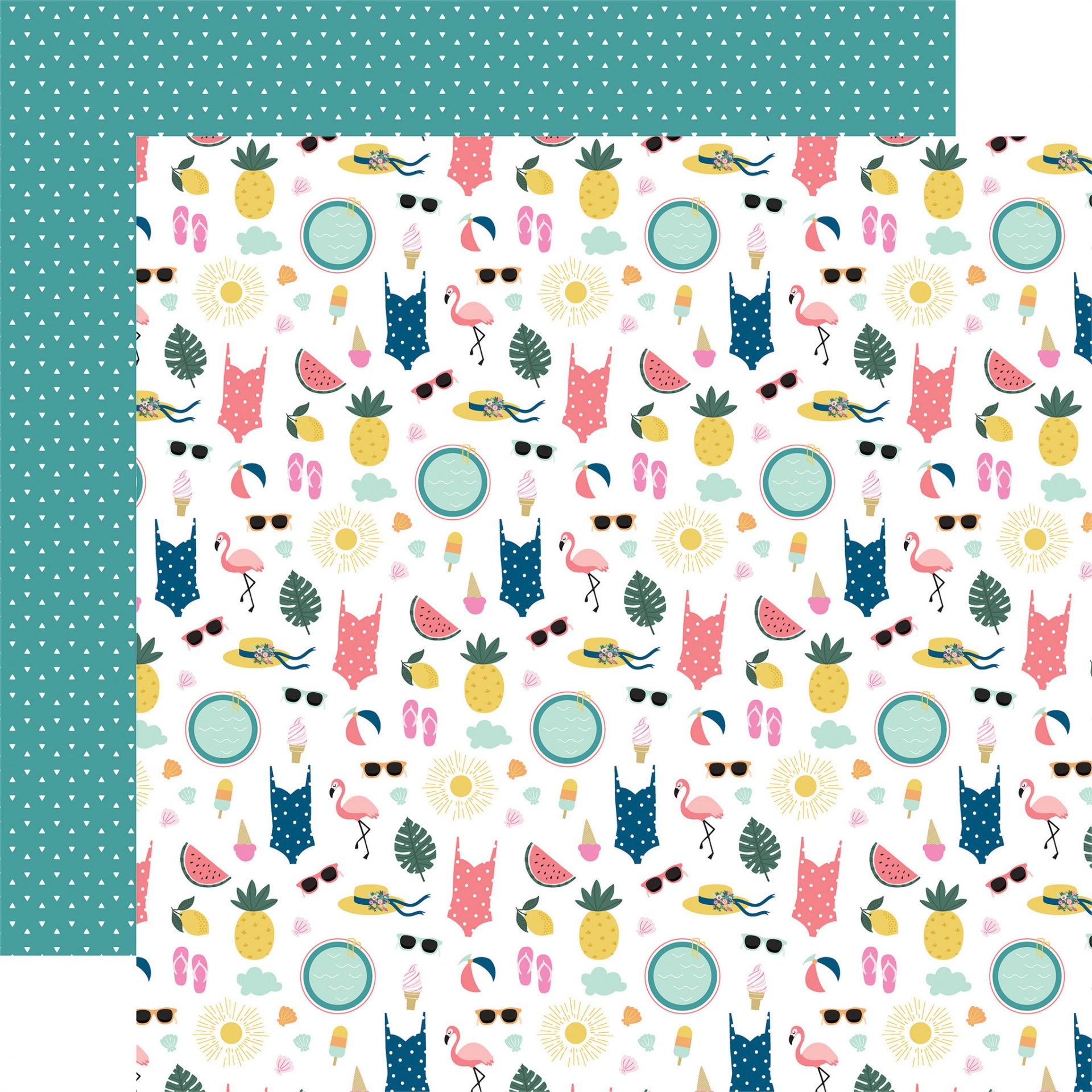 Papel decorativo colorido com motivos de verão em fundo branco e padrão de pontos branco sobre fundo verde na parte reversa