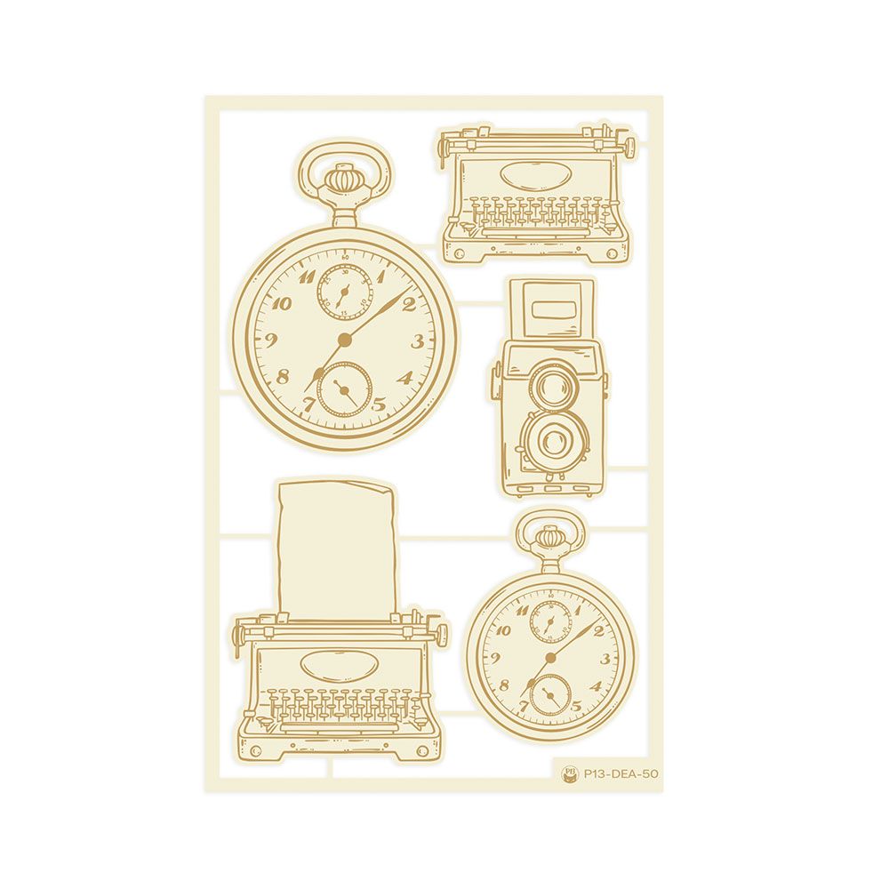 Ilustrações vintage em bege de relógios, máquinas de escrever e câmera fotográfica antiga