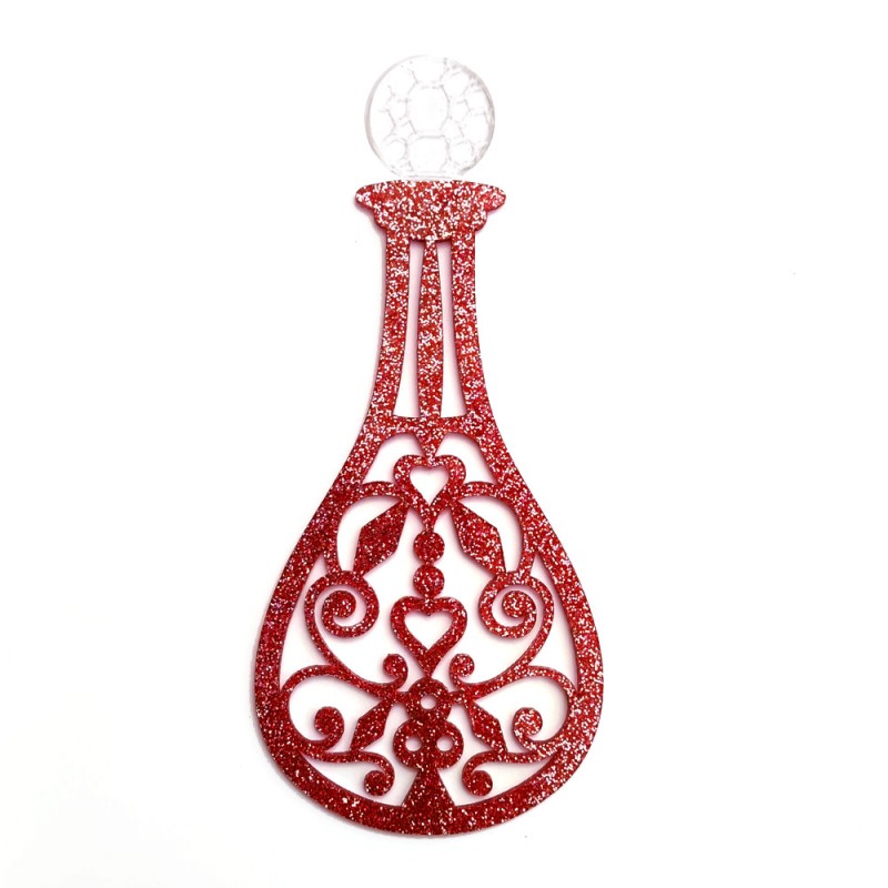 Ornament decorativo vermelho em formato de garrafa com desenhos arabescos e brilho