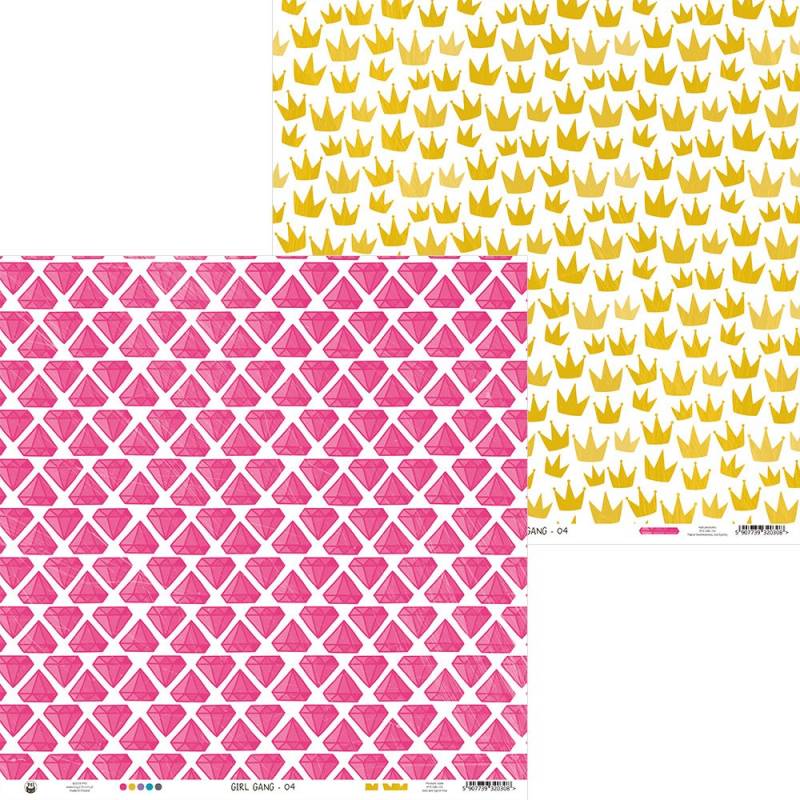 Folhas de papel decorativo com padrões de coroas douradas e triângulos rosa