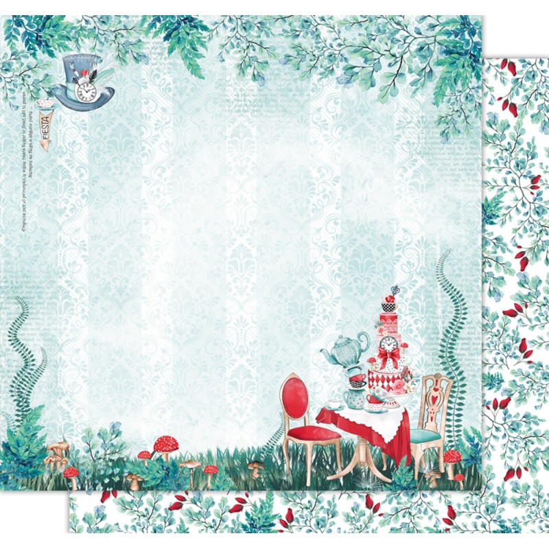 Papel de parede ou tecido com padrão Alice no País das Maravilhas, folhas, cogumelos, mesa e cadeiras vermelhas e brancas