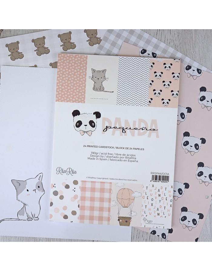 Bloco de papel impresso decorativo com desenho de pandas, gatos e padrões pastel para artesanato