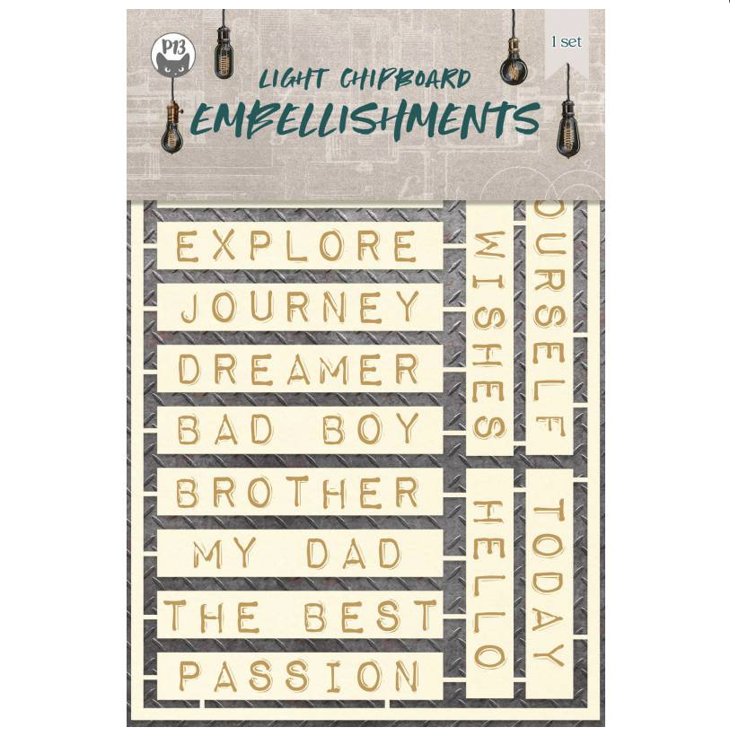 Conjunto de embellishments chipboard claro com palavras douradas em embalagem