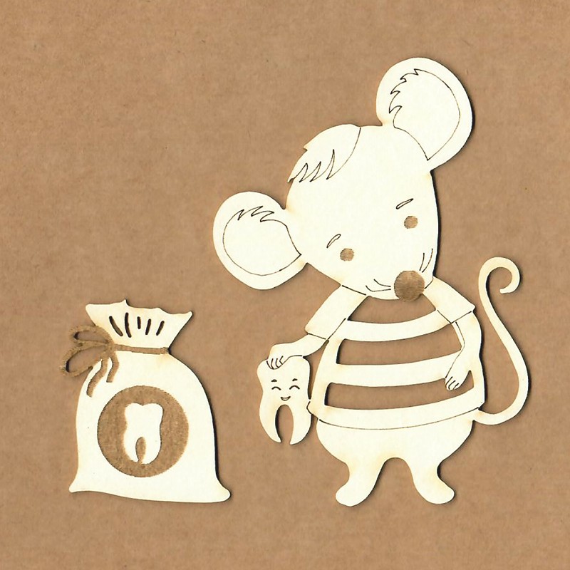 Figura de rato e saco decorativos em madeira com desenho de dente