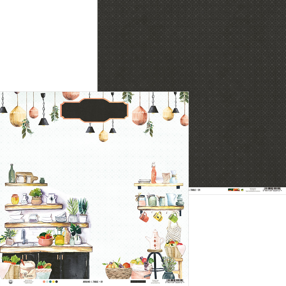 Papel decorativo para cozinha com utensílios e padrão preto repetido