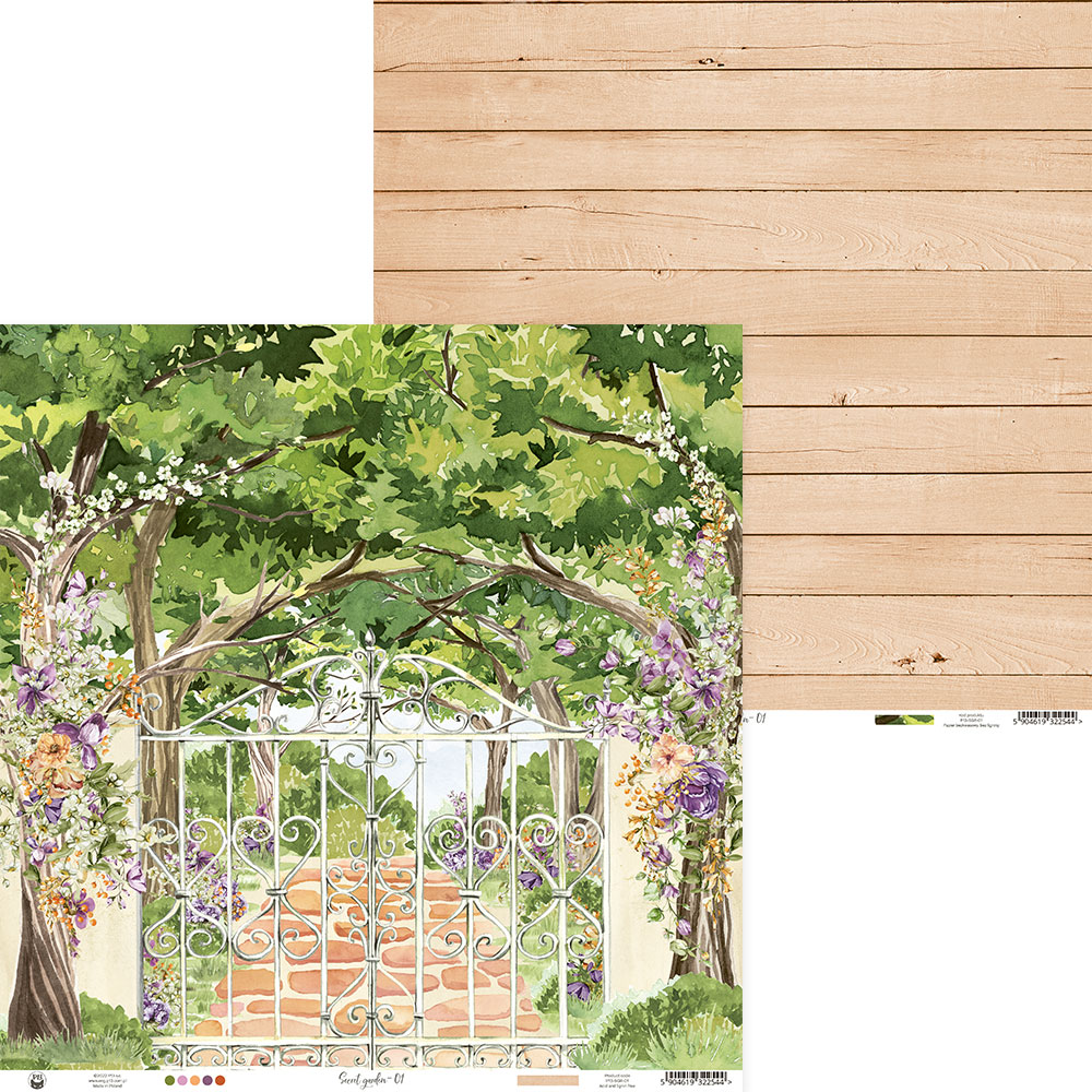 Dois papéis decorativos, um com desenho de portão florido e outro com padrão de madeira clara