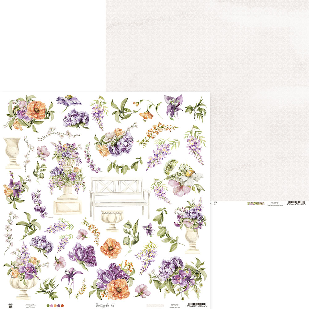 Papel decorativo dupla face com flores, vasos e padrão de pontos cor de rosa.