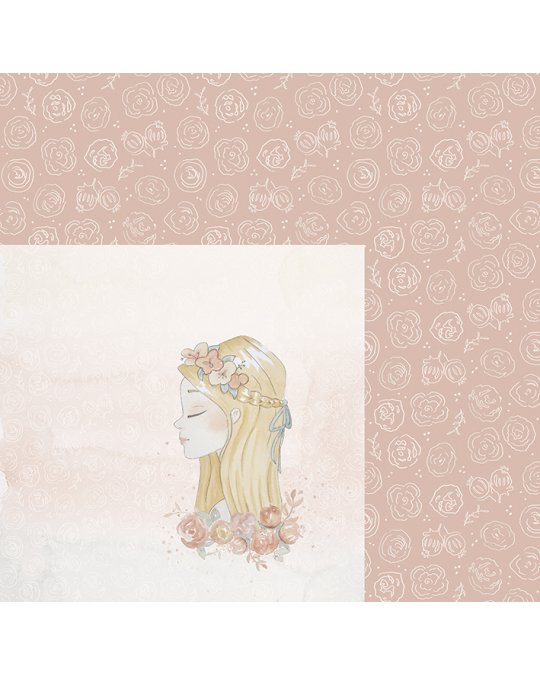 Papel decorativo rosa com ilustração de rapariga loira e flores