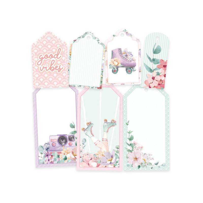 Conjunto de marcadores de página coloridos com flores, patins, câmara fotográfica e texto 'good vibes'