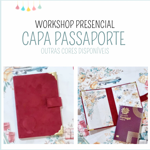 Workshop capa passaporte vermelho com cantos dourados e padrão floral interior