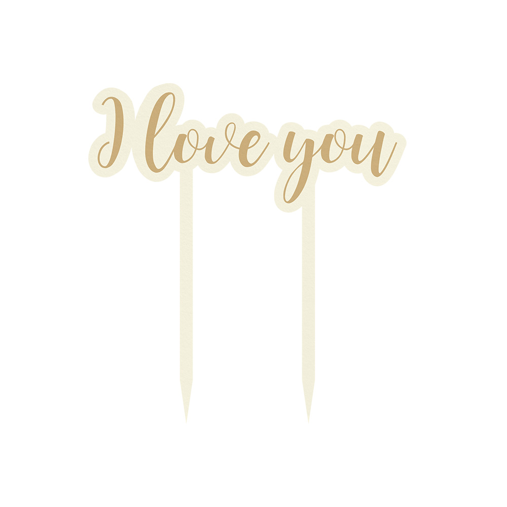 Cake topper dourado com texto I love you em fundo branco