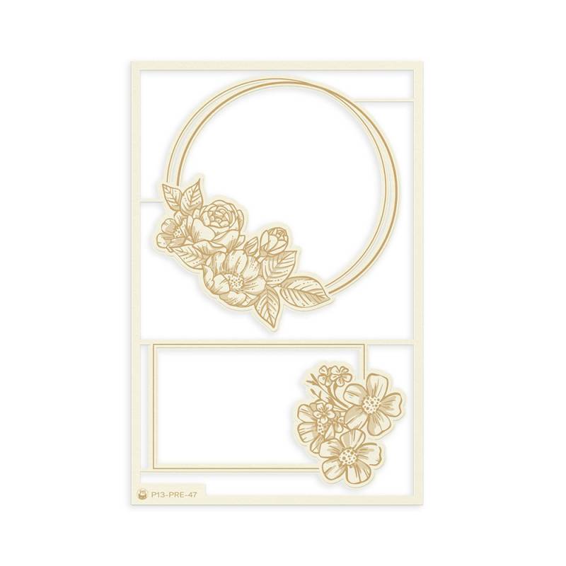 Rótulo de papel creme com flores douradas e espaços para escrita