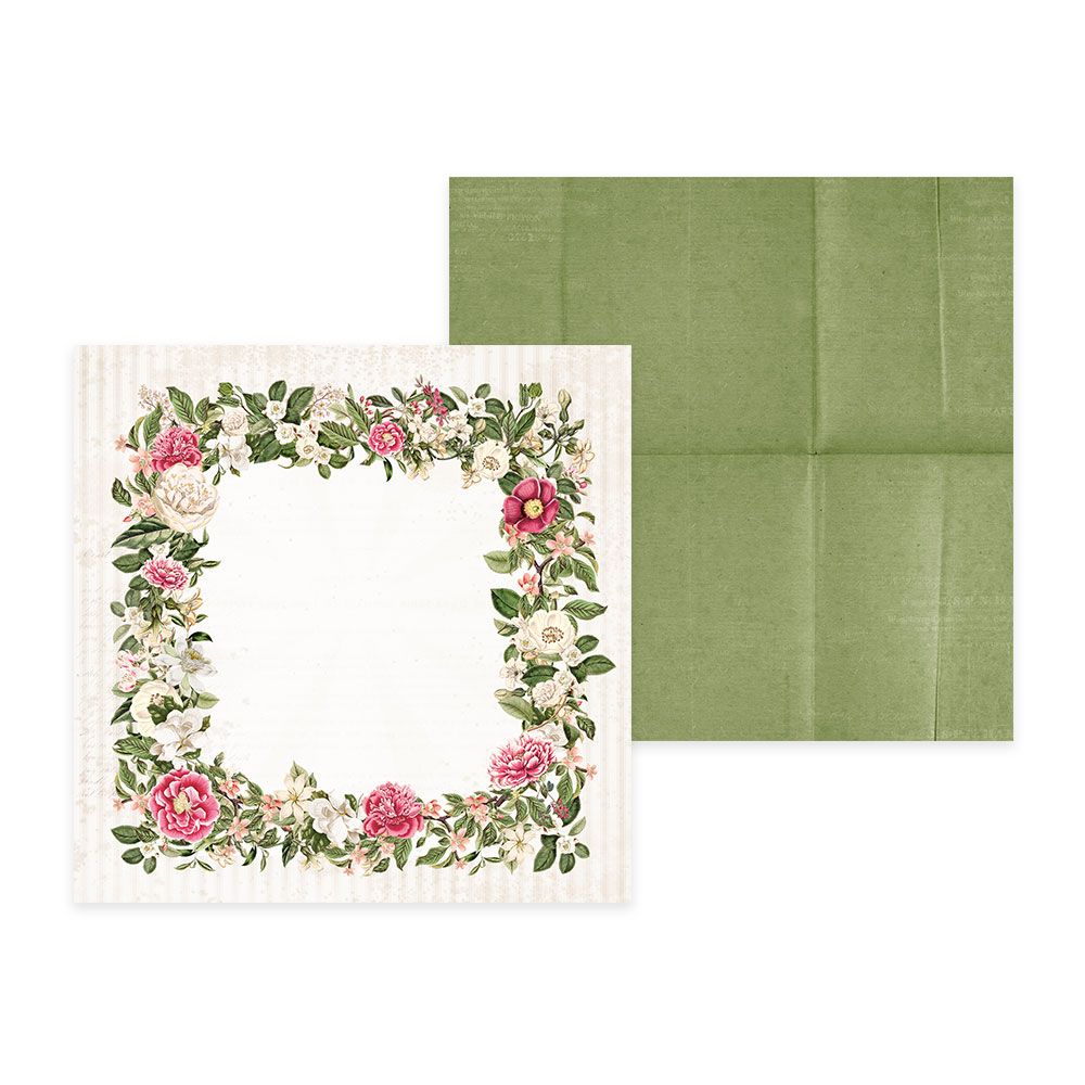 Conjunto de dois guardanapos de papel, um decorado com flores e outro verde liso
