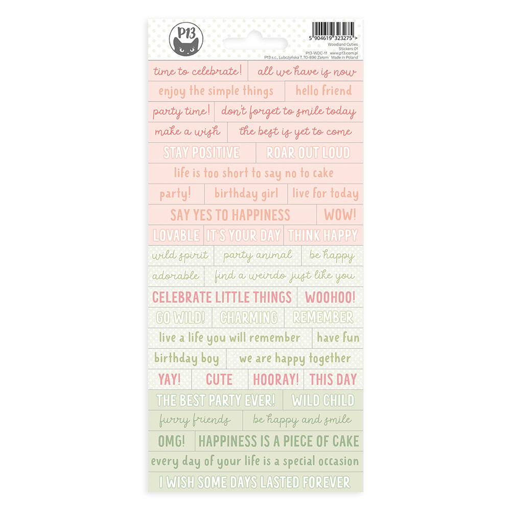 Folha de autocolantes com frases em várias cores e embalagem com etiqueta superior