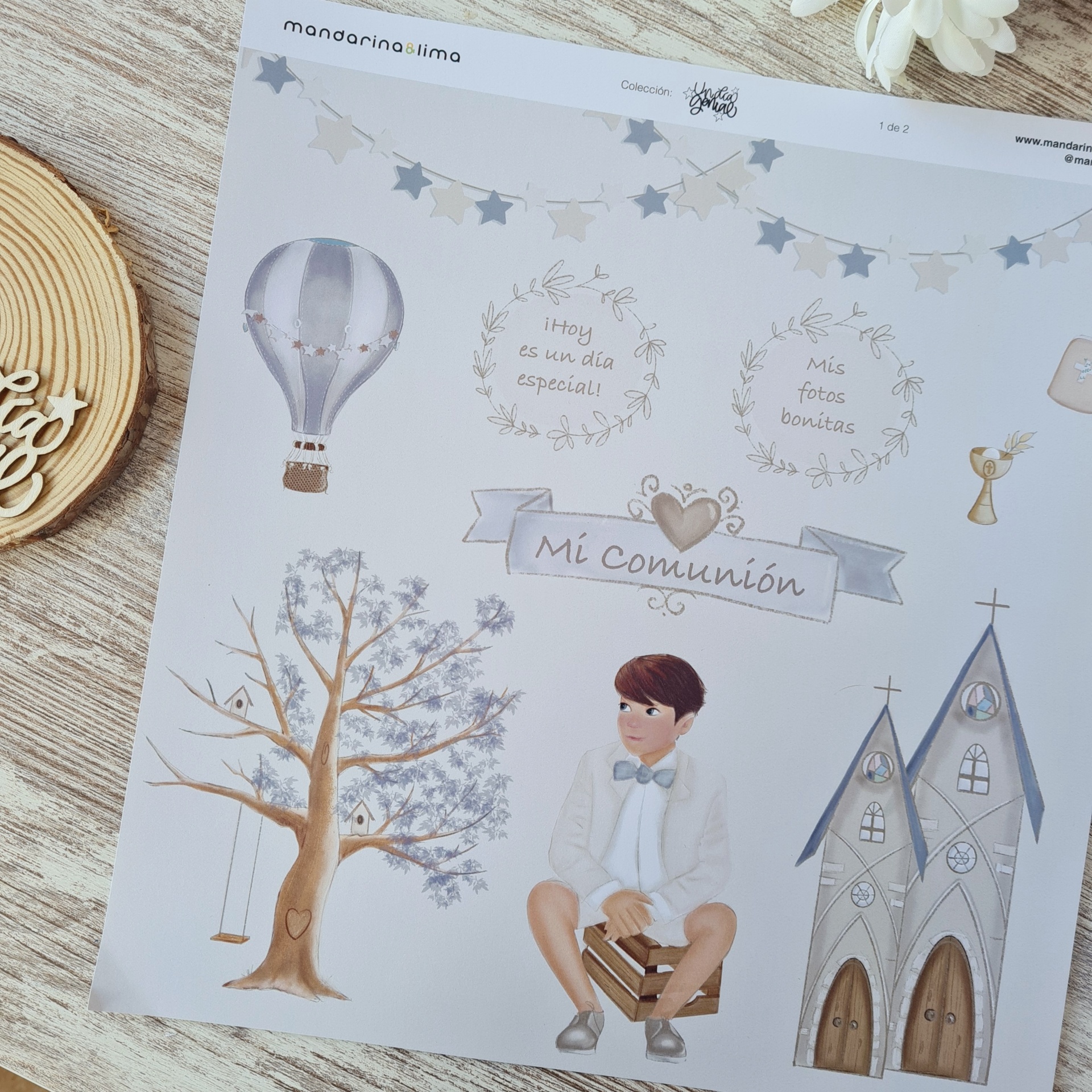 ilustrações para comunhão com menino, árvore, igreja e texto em papel