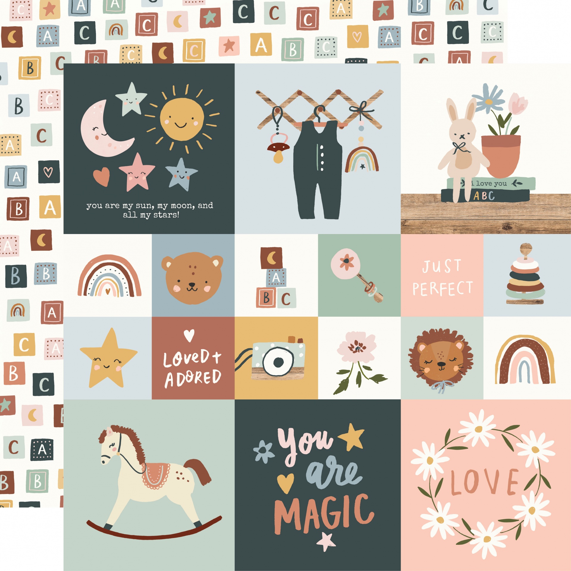 Painel infantil colorido com desenhos e textos em inglês