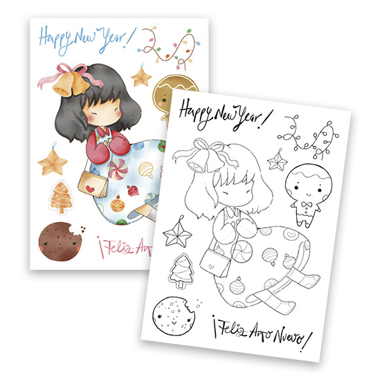 Folhas decorativas para colorir com desenho de menina e elementos natalícios.