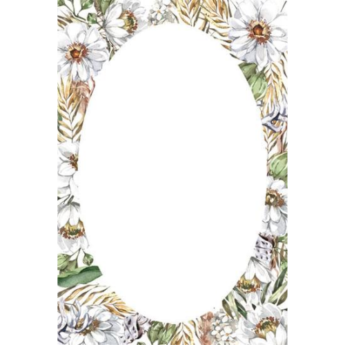 Moldura oval com flores brancas e folhas verdes e castanhas