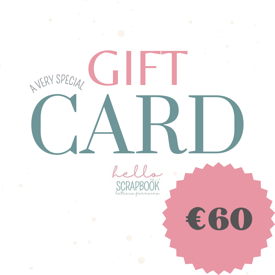 Cartão de oferta rosa e azul com valor de 60 euros e texto A VERY SPECIAL GIFT CARD hello SCRAPBOOK boutique francaise