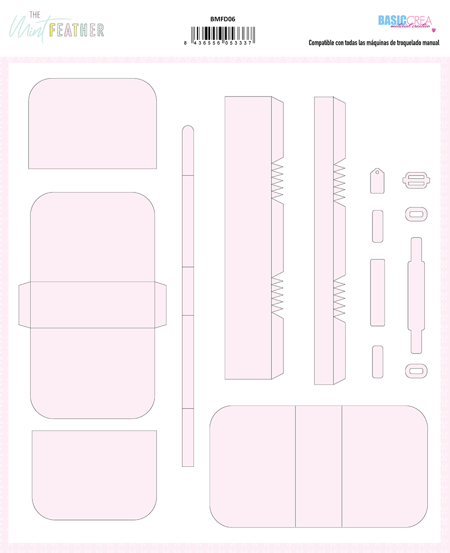 Recortes de papel cor-de-rosa claro para montagem manual com texto indicativo de compatibilidade.